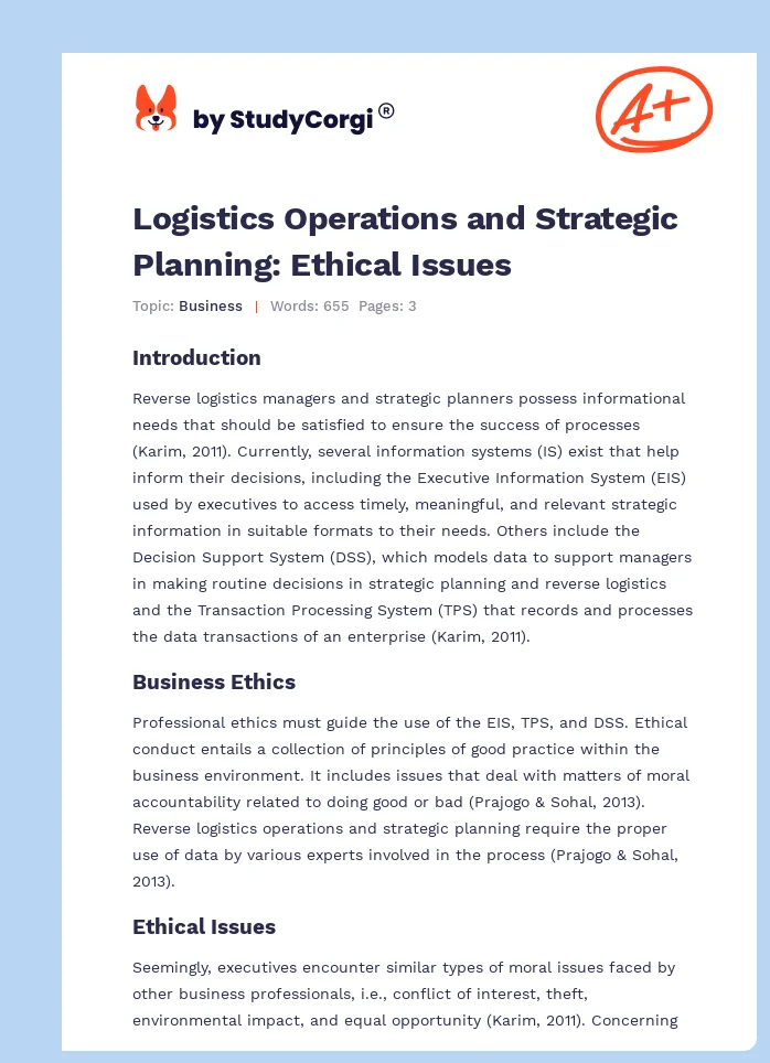 Logistics Operations and Strategic Planning: Ethical Issues. Page 1
