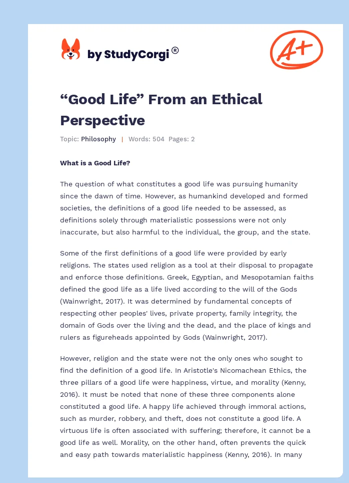 “Good Life” From an Ethical Perspective. Page 1
