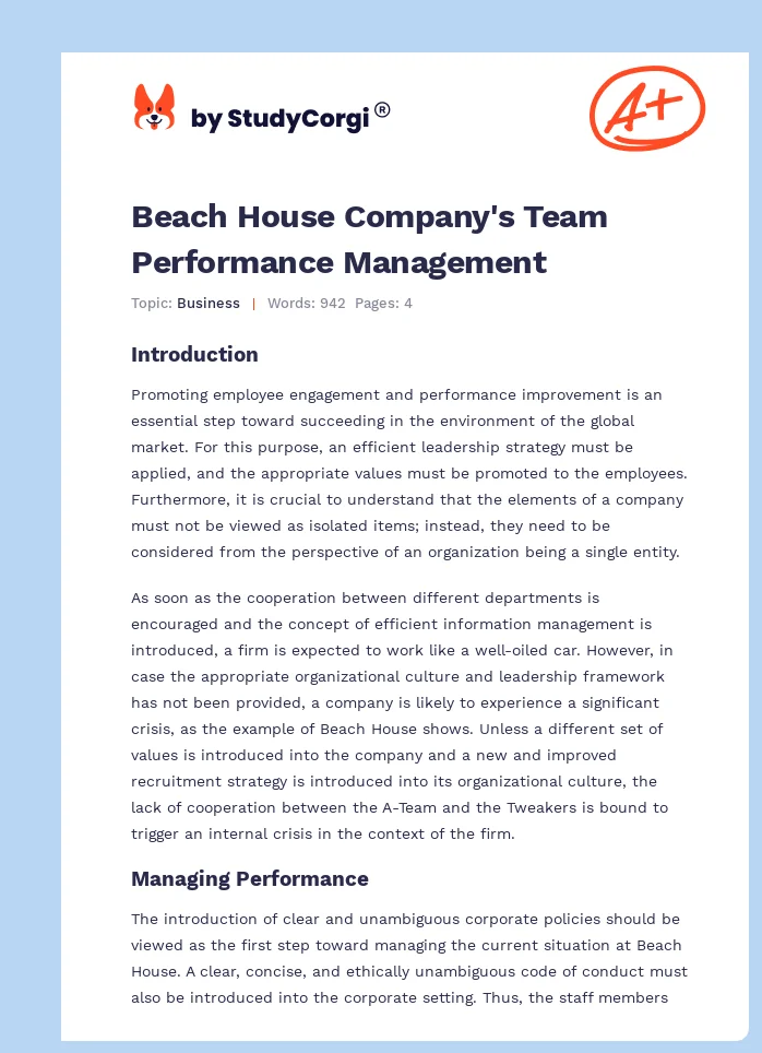 Beach House Company's Team Performance Management. Page 1