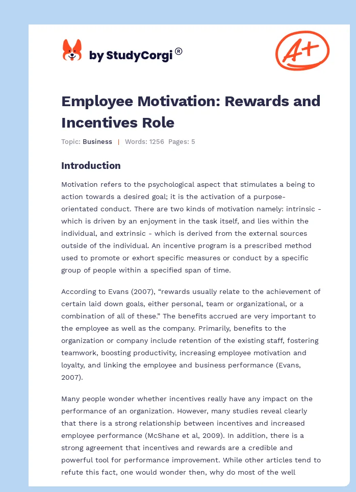 Employee Motivation: Rewards and Incentives Role. Page 1