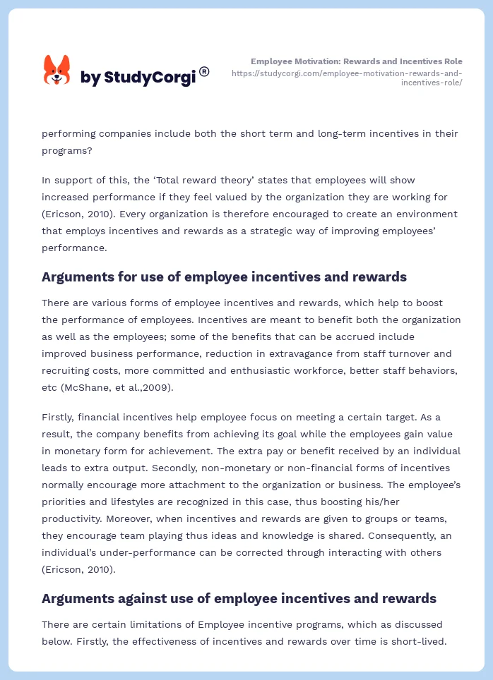 Employee Motivation: Rewards and Incentives Role. Page 2