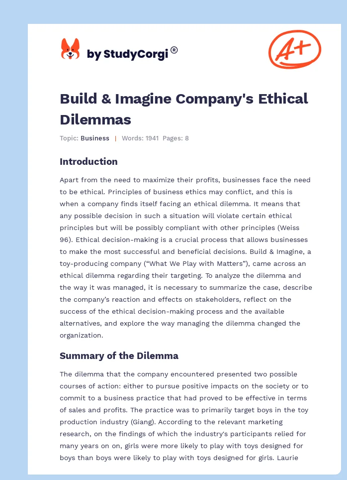 Build & Imagine Company's Ethical Dilemmas. Page 1