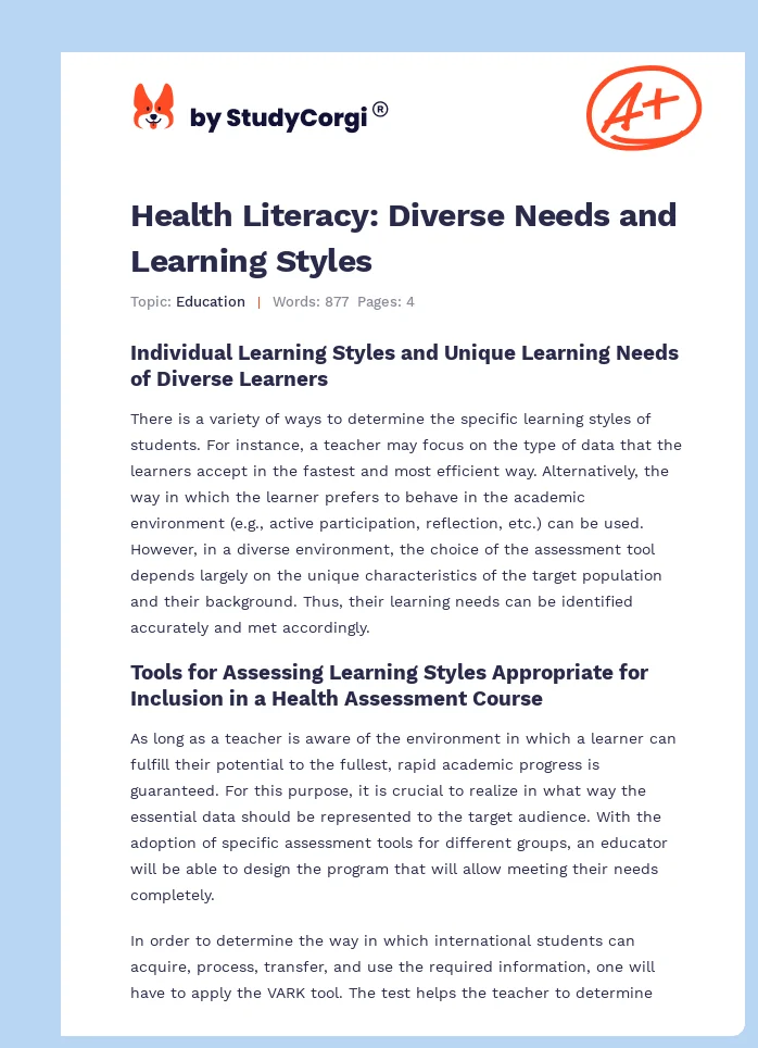 Health Literacy: Diverse Needs and Learning Styles. Page 1