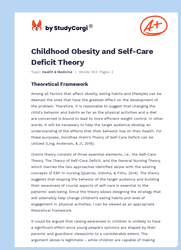 Childhood Obesity and Self-Care Deficit Theory. Page 1