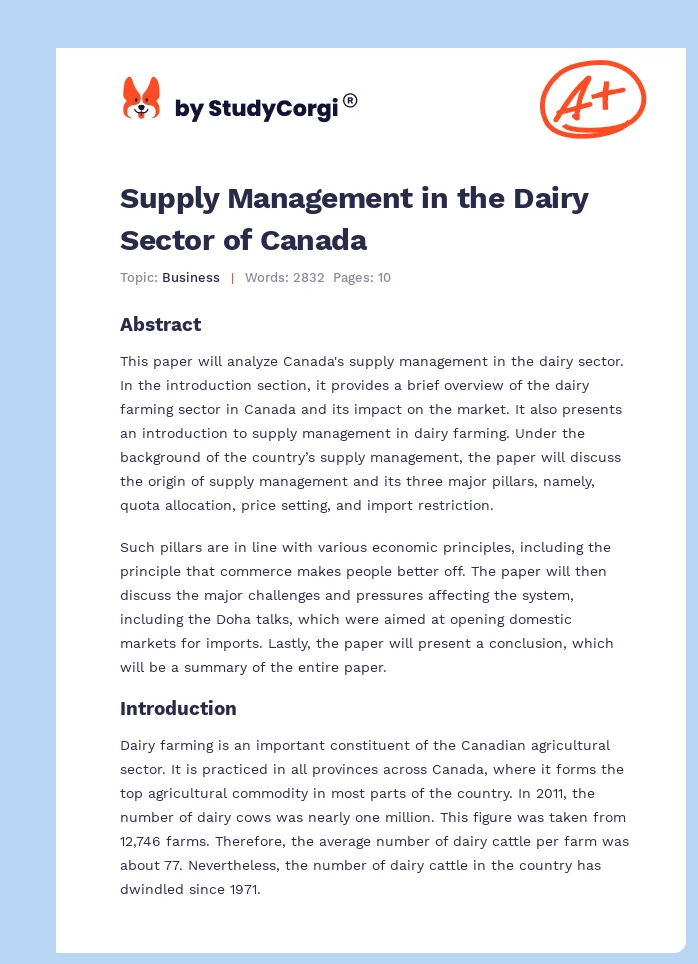 Supply Management in the Dairy Sector of Canada. Page 1