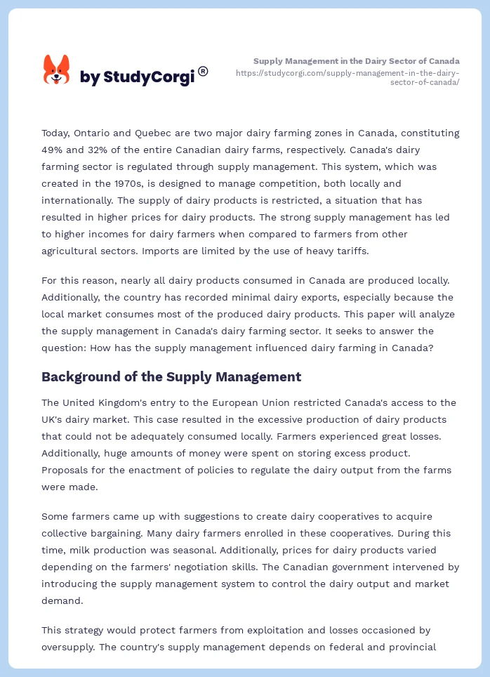 Supply Management in the Dairy Sector of Canada. Page 2