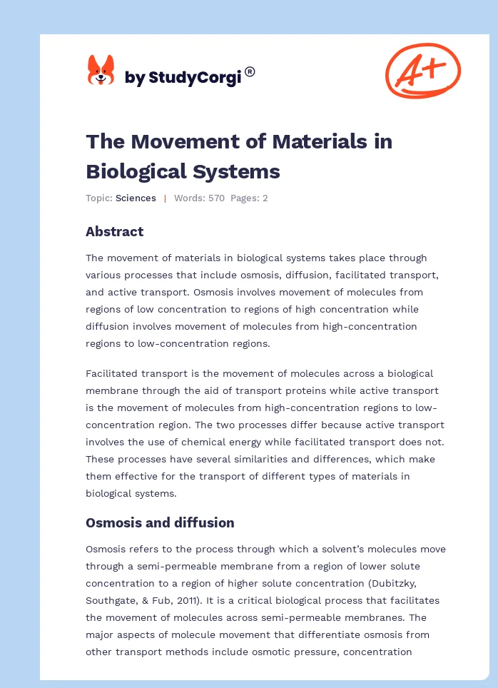 The Movement of Materials in Biological Systems. Page 1