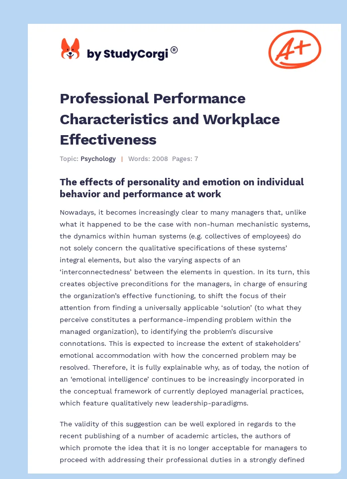 Professional Performance Characteristics and Workplace Effectiveness. Page 1