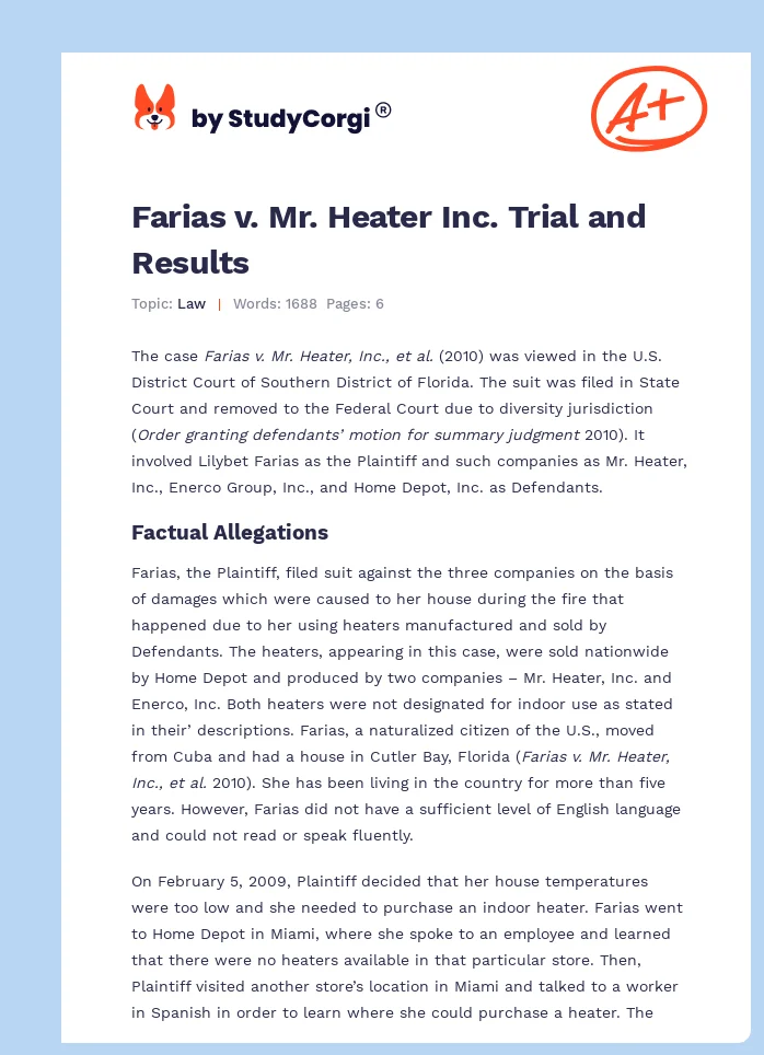 Farias v. Mr. Heater Inc. Trial and Results. Page 1