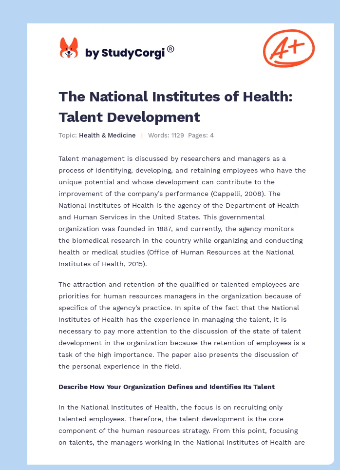 The National Institutes of Health: Talent Development. Page 1
