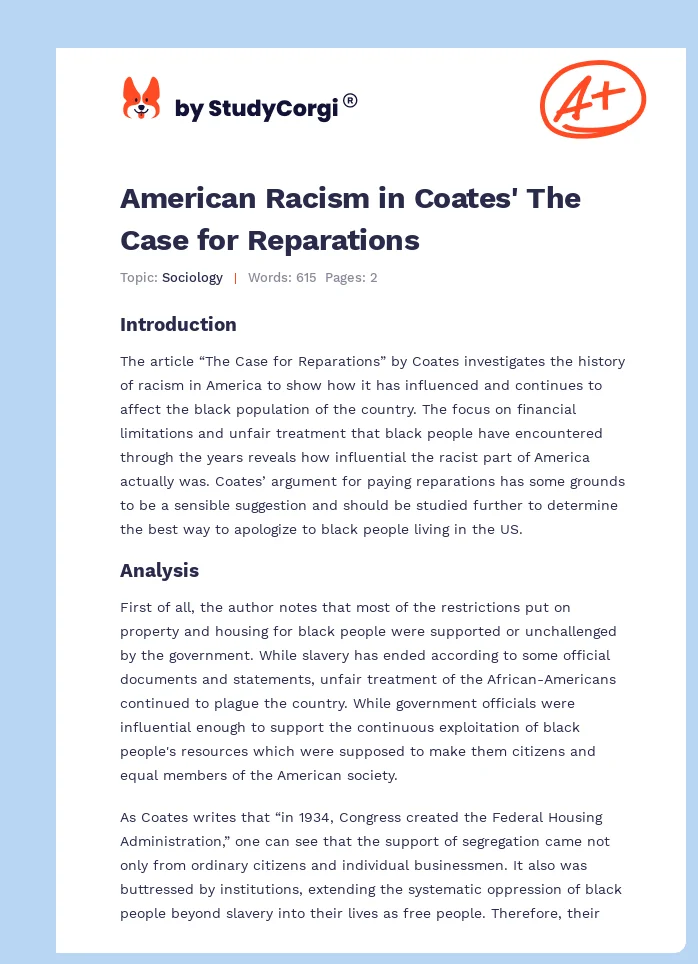 American Racism in Coates' The Case for Reparations. Page 1