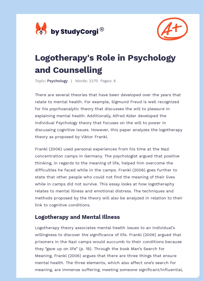 Logotherapy's Role in Psychology and Counselling. Page 1