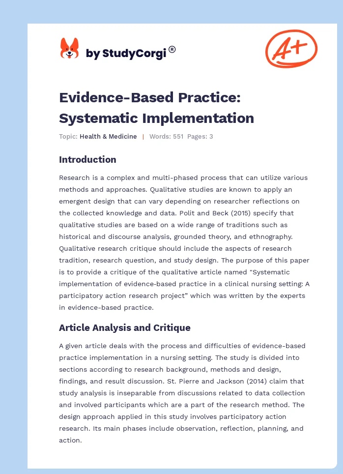 Evidence-Based Practice: Systematic Implementation. Page 1