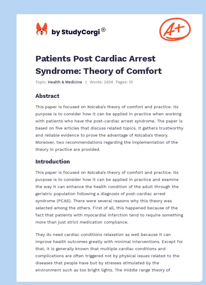 Patients Post Cardiac Arrest Syndrome: Theory of Comfort. Page 1