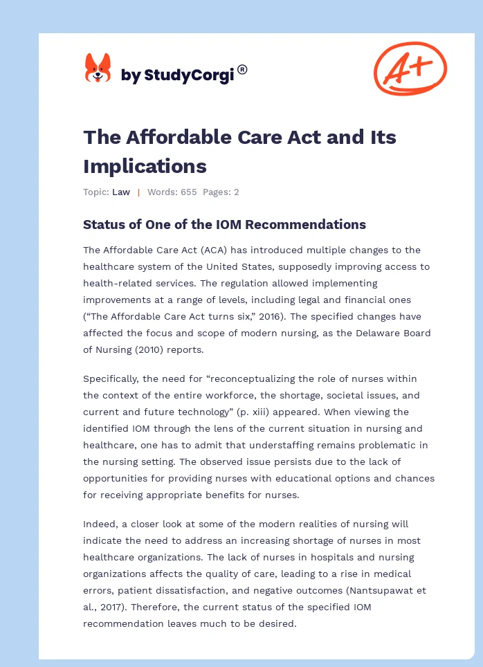 The Affordable Care Act and Its Implications. Page 1