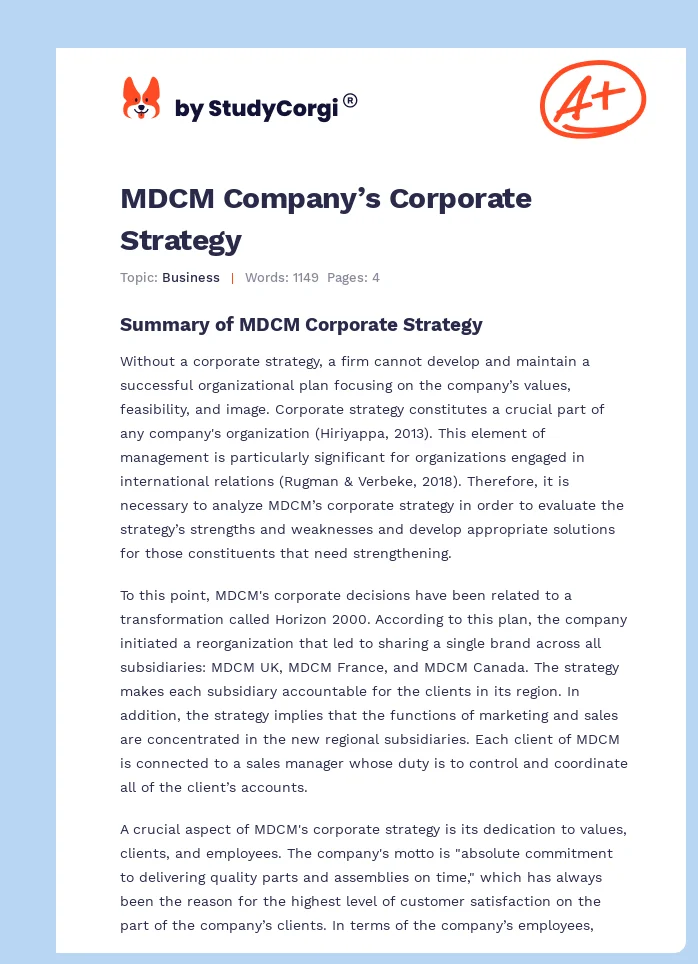 MDCM Company’s Corporate Strategy. Page 1