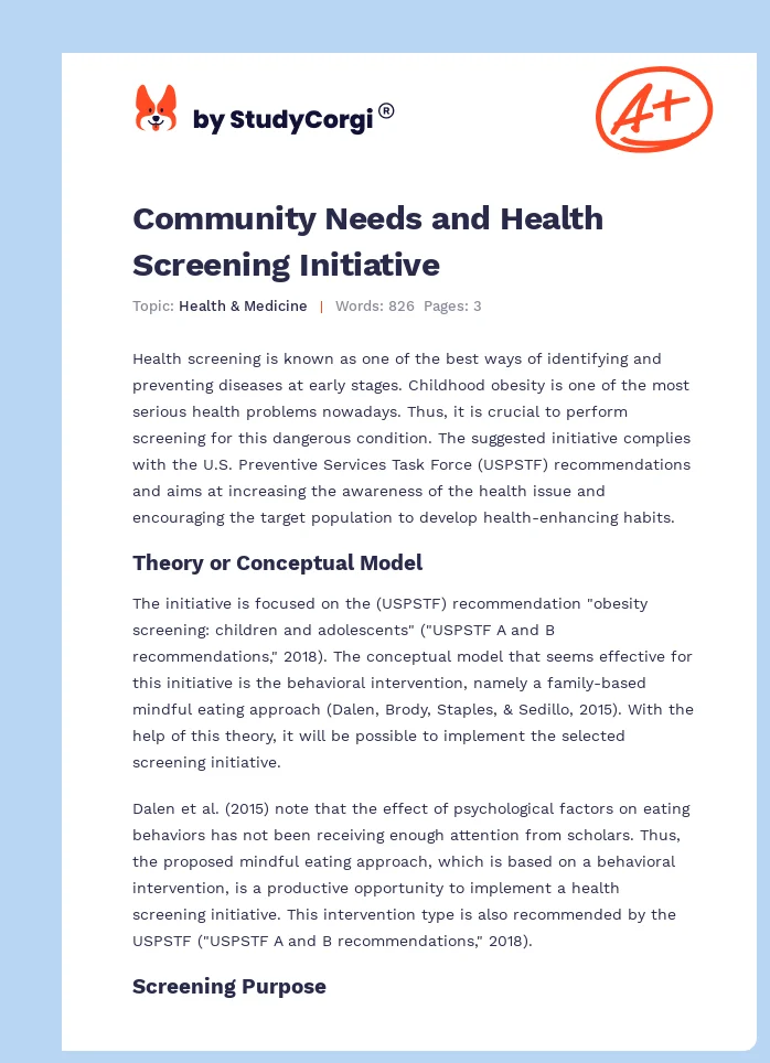 Community Needs and Health Screening Initiative. Page 1