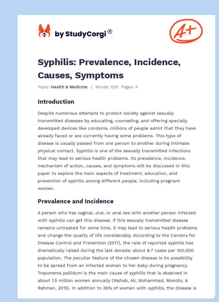 Syphilis: Prevalence, Incidence, Causes, Symptoms. Page 1