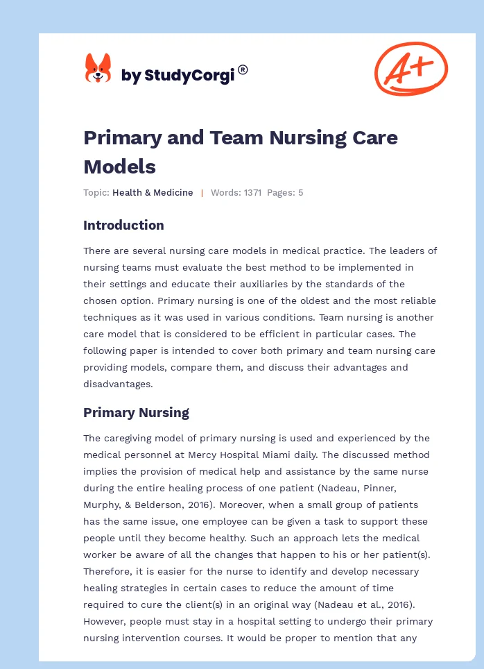 Primary and Team Nursing Care Models. Page 1