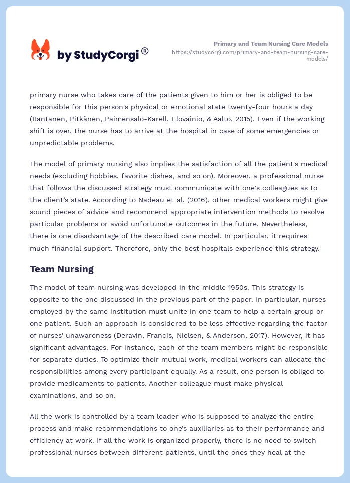 Primary and Team Nursing Care Models. Page 2