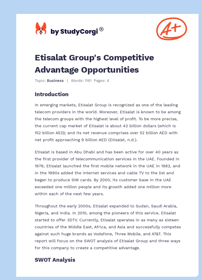Etisalat Group's Competitive Advantage Opportunities. Page 1
