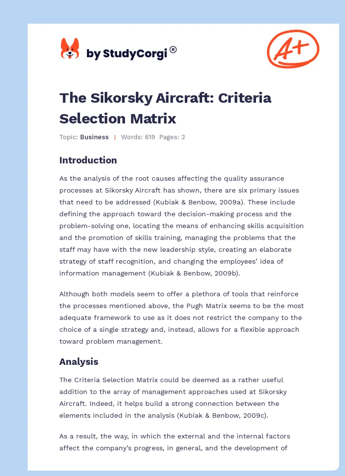 The Sikorsky Aircraft: Criteria Selection Matrix. Page 1