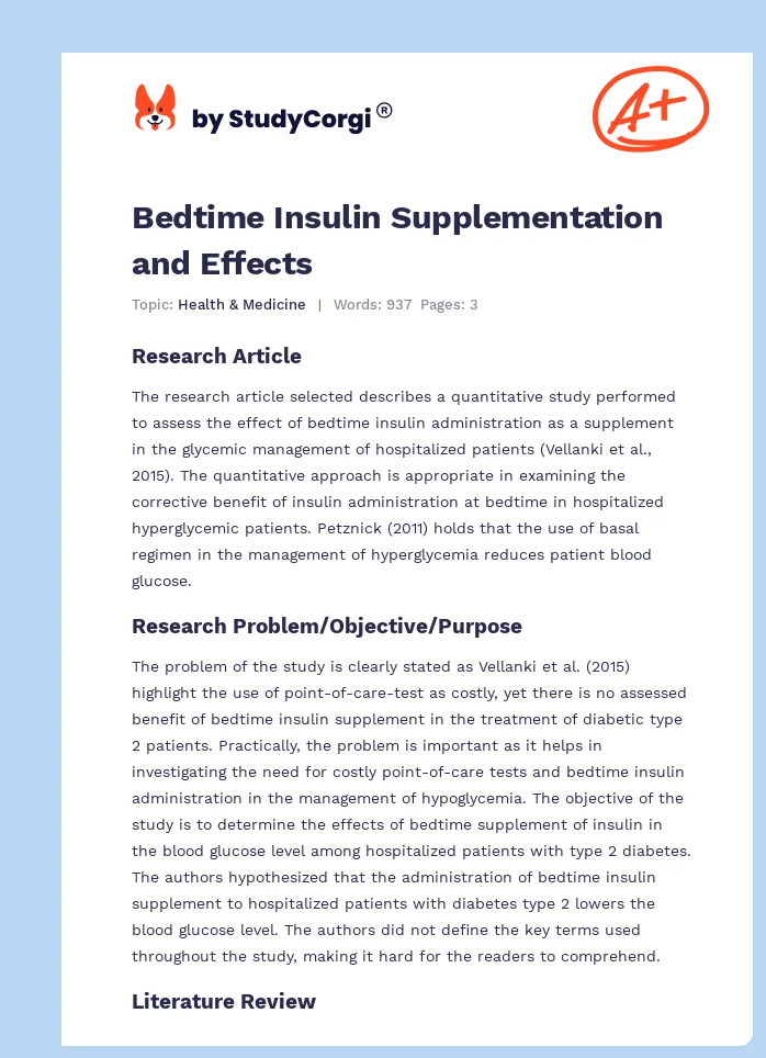 Bedtime Insulin Supplementation and Effects. Page 1