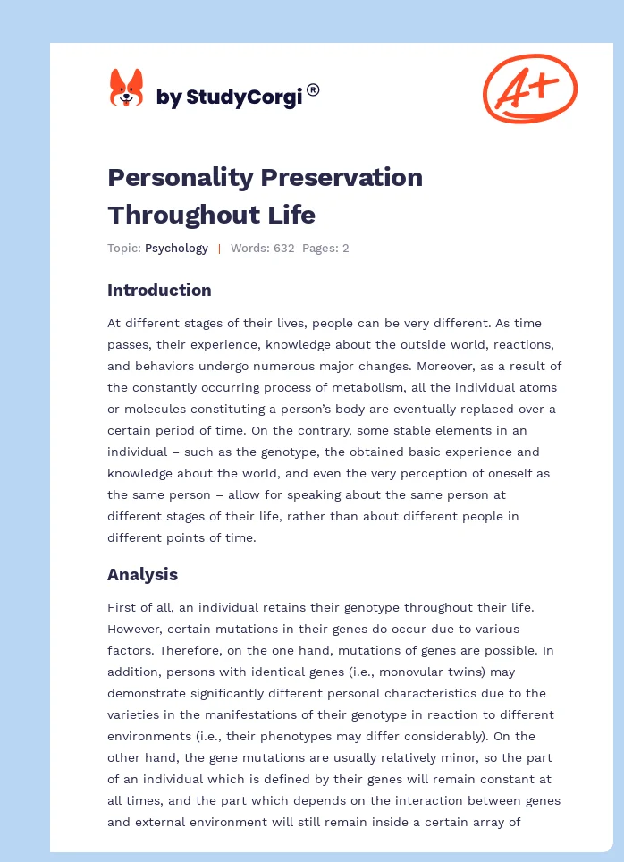 Personality Preservation Throughout Life. Page 1