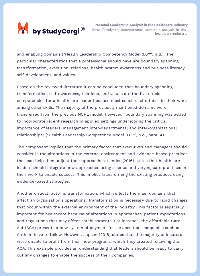Personal Leadership Analysis in the Healthcare Industry. Page 2