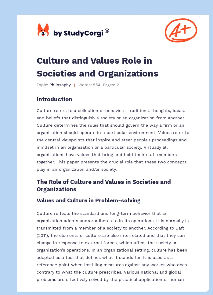 Culture and Values Role in Societies and Organizations. Page 1