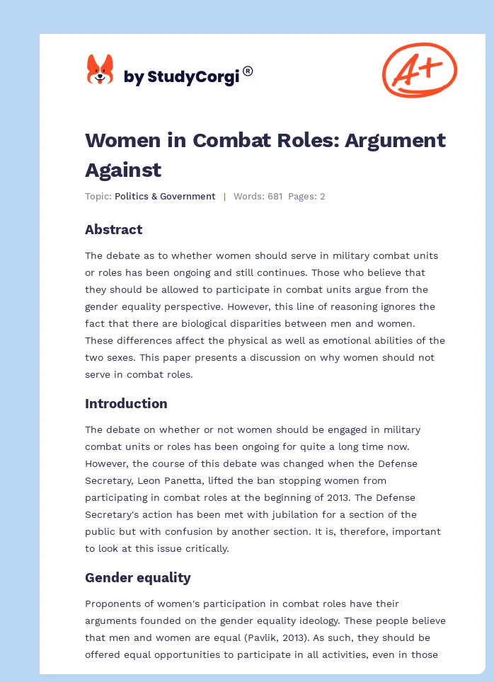 Women in Combat Roles: Argument Against. Page 1