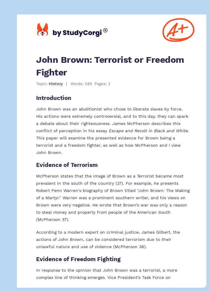 John Brown: Terrorist or Freedom Fighter. Page 1