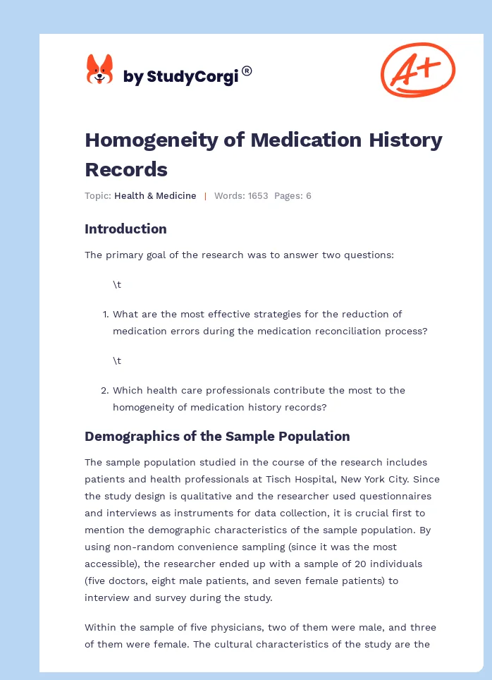 Homogeneity of Medication History Records. Page 1