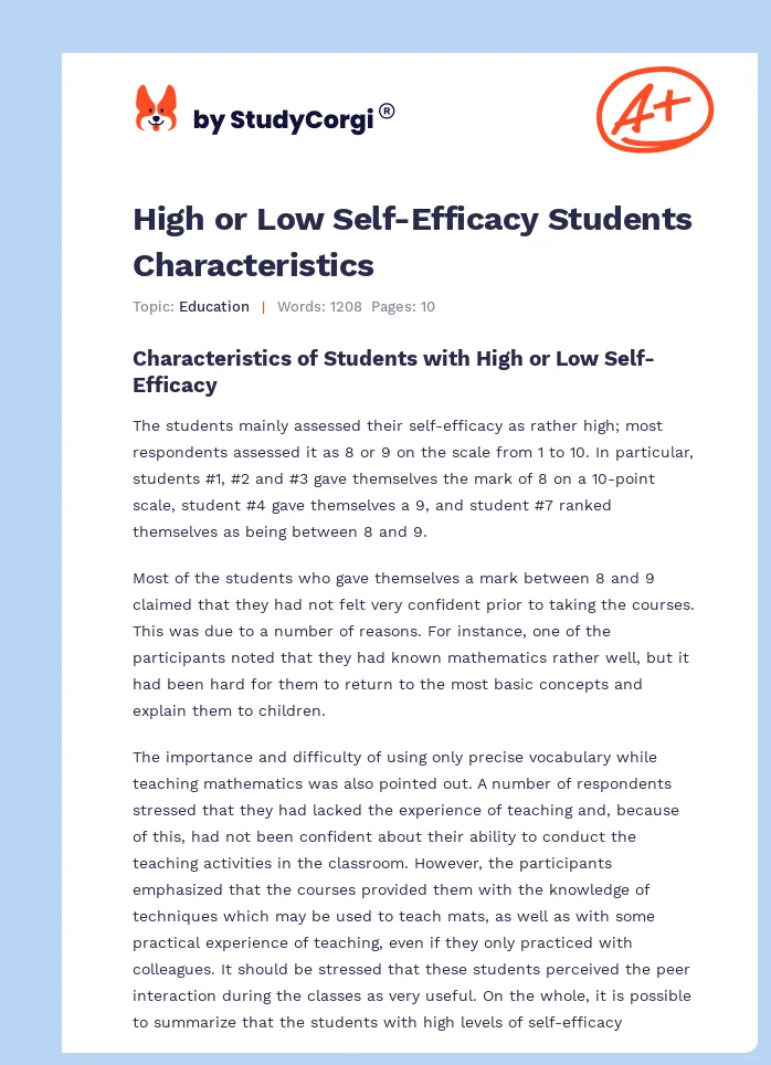 High or Low Self-Efficacy Students Characteristics. Page 1