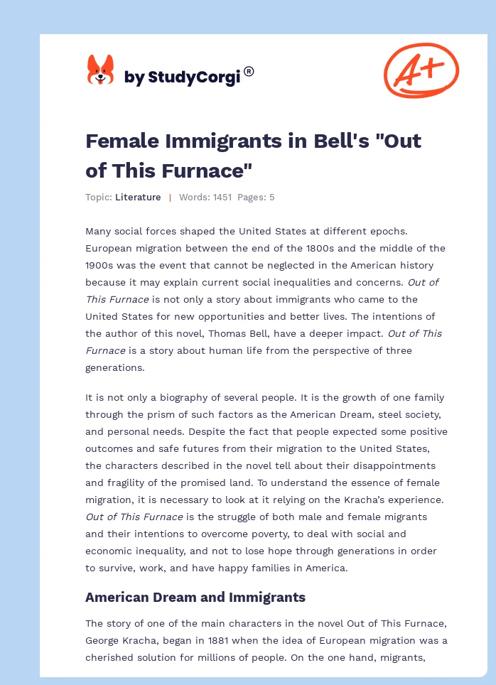 Female Immigrants in Bell's "Out of This Furnace". Page 1