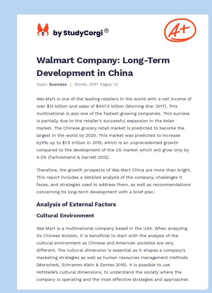 Walmart Company: Long-Term Development in China. Page 1