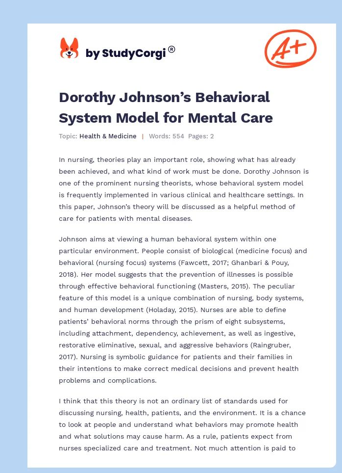 Dorothy Johnson’s Behavioral System Model for Mental Care. Page 1