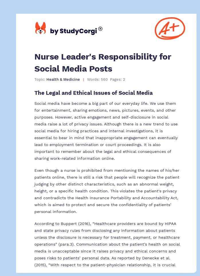 Nurse Leader's Responsibility for Social Media Posts. Page 1