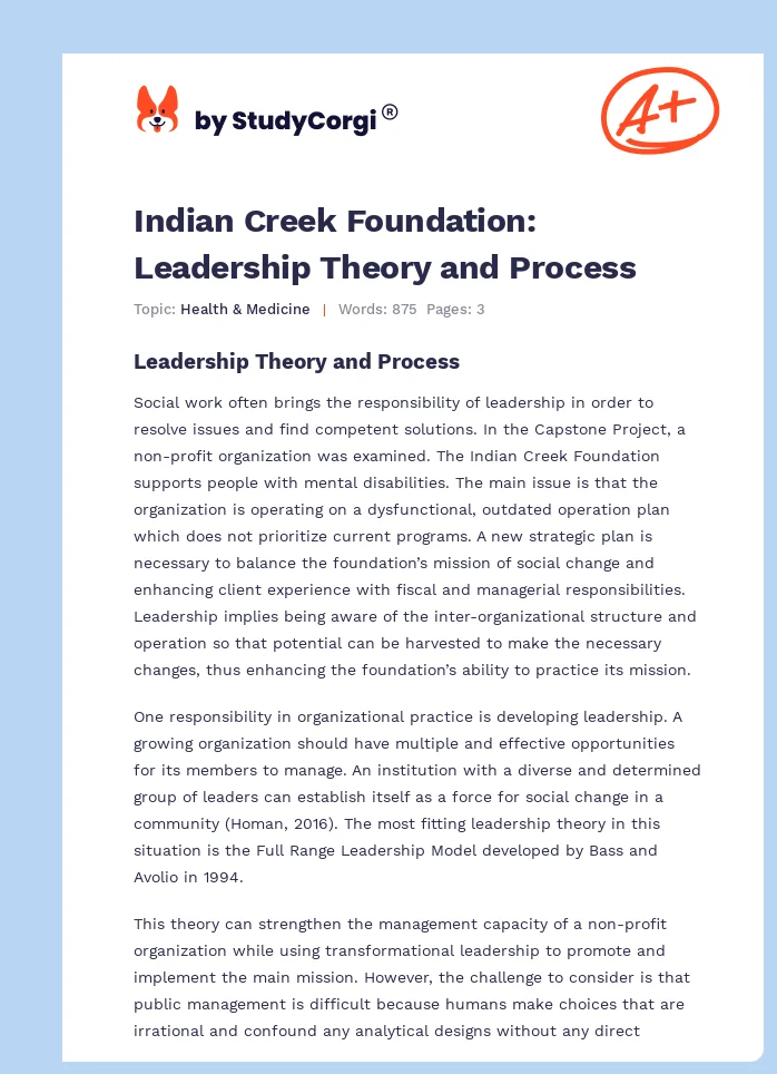 Indian Creek Foundation: Leadership Theory and Process. Page 1