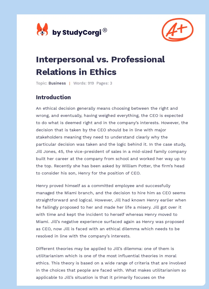 Interpersonal vs. Professional Relations in Ethics. Page 1