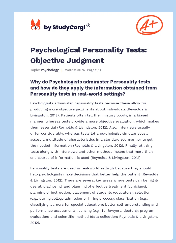 Psychological Personality Tests: Objective Judgment. Page 1