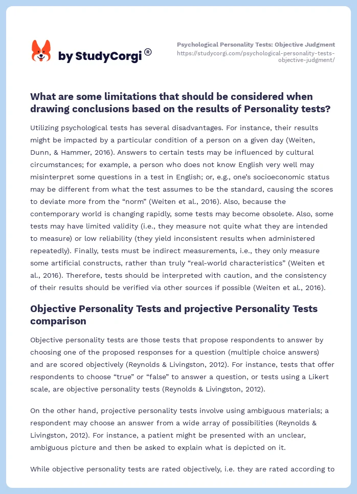 Psychological Personality Tests: Objective Judgment. Page 2