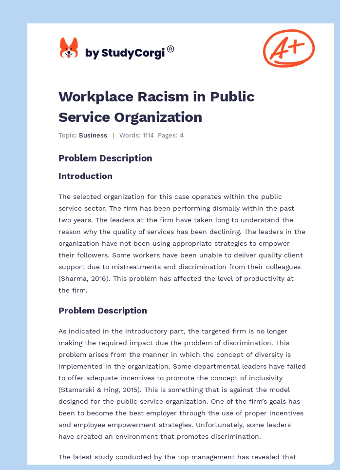 Workplace Racism in Public Service Organization. Page 1