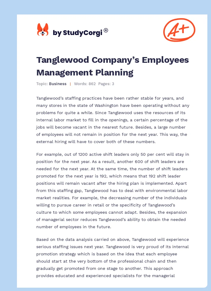 Tanglewood Company’s Employees Management Planning. Page 1