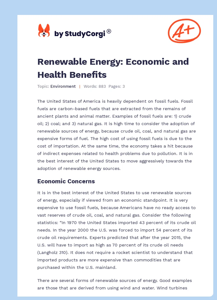 Renewable Energy: Economic and Health Benefits. Page 1