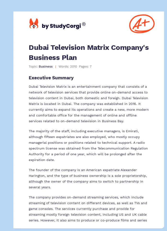 Dubai Television Matrix Company's Business Plan. Page 1