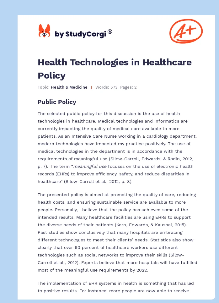 Health Technologies in Healthcare Policy. Page 1