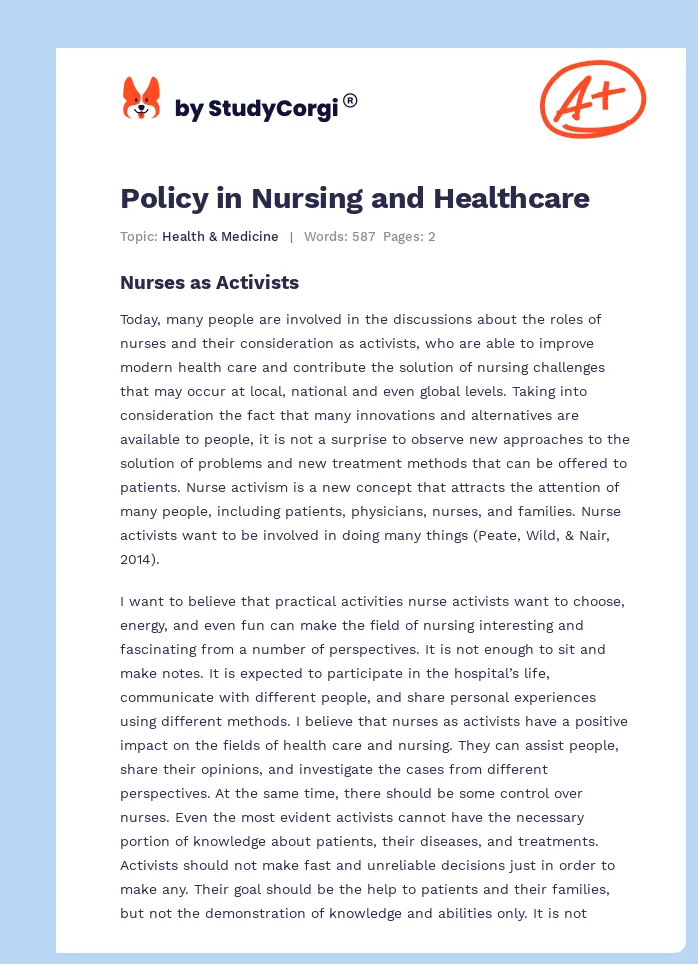 Policy in Nursing and Healthcare. Page 1