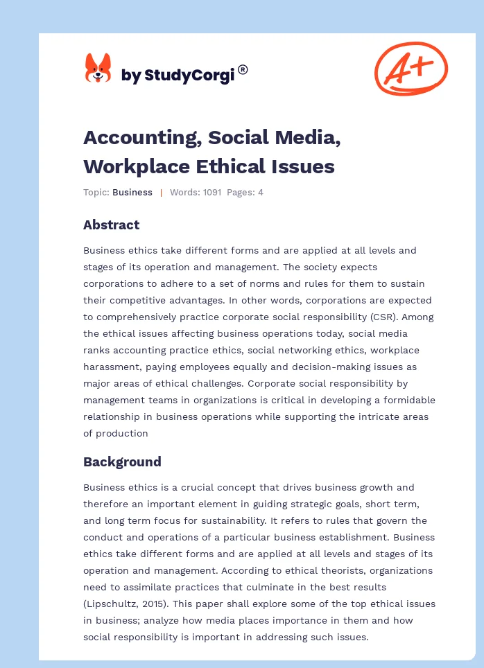 Accounting, Social Media, Workplace Ethical Issues. Page 1