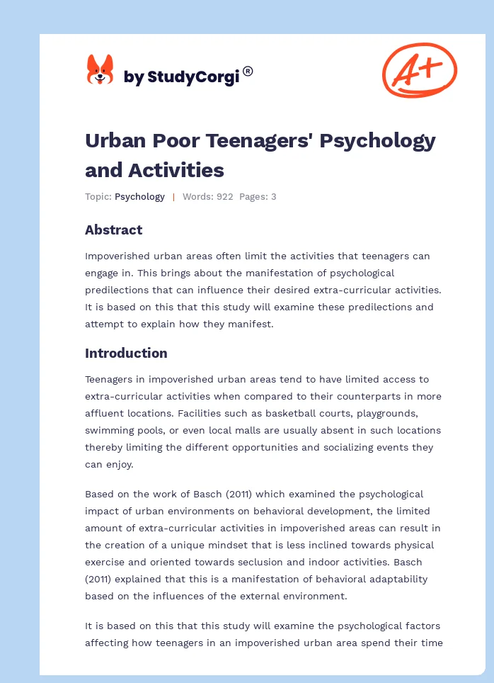 Urban Poor Teenagers' Psychology and Activities. Page 1